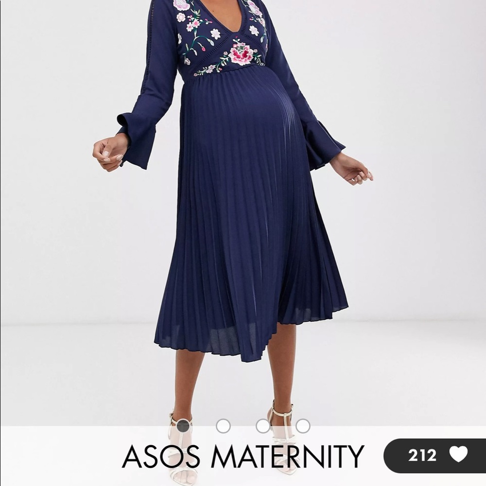 ASOS DESIGN Maternity embroidered pleated midi dress with lace inserts in navy.